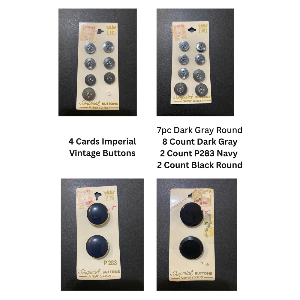 Vintage Imperial Buttons Fashion Classics 4 Cards Gray Navy Black P283 P56 NOS